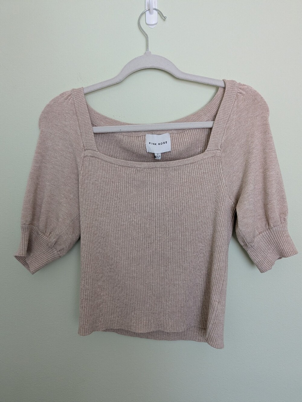Pink Rose Square Neck Puff Sleeve Ribbed Knit Top Beige Taupe